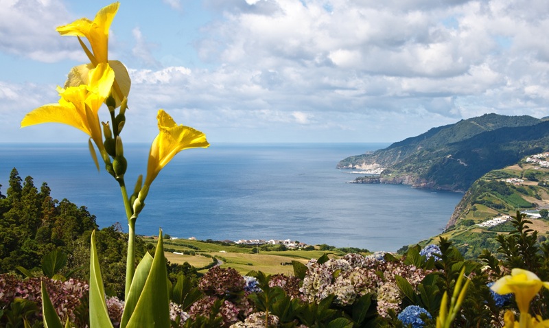 Azores View from above Povoacao to the Atlantic ocean Sao Miguel