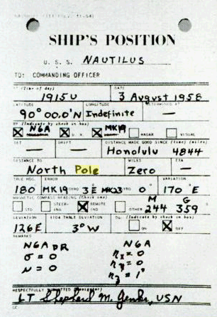 90°N, Zero to North Pole. Recorded position of Nautilus as it passed below the geographic North Pole Image Credits: Wikipedia.org