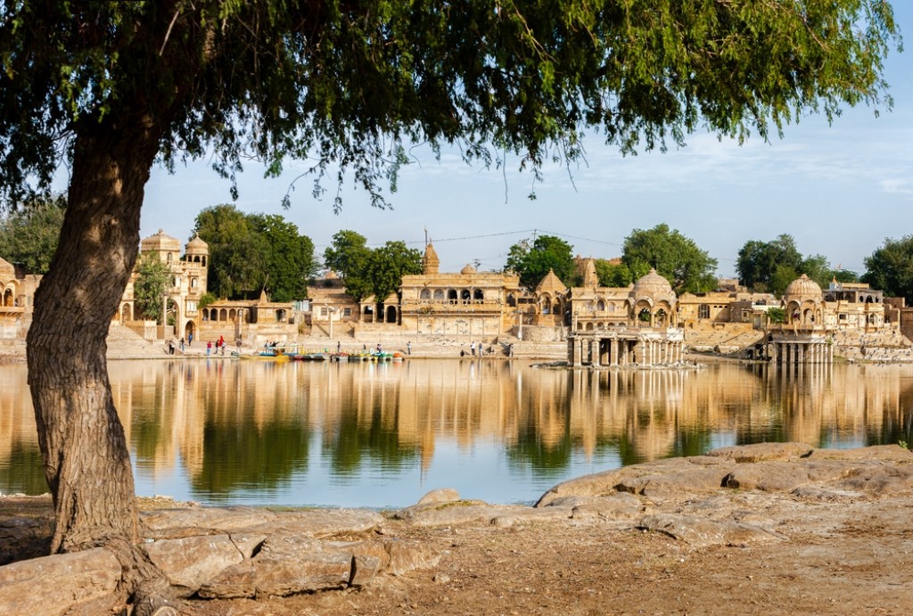 Gadisar Lake in Jaisalmer with cenotaphs in the backdrop