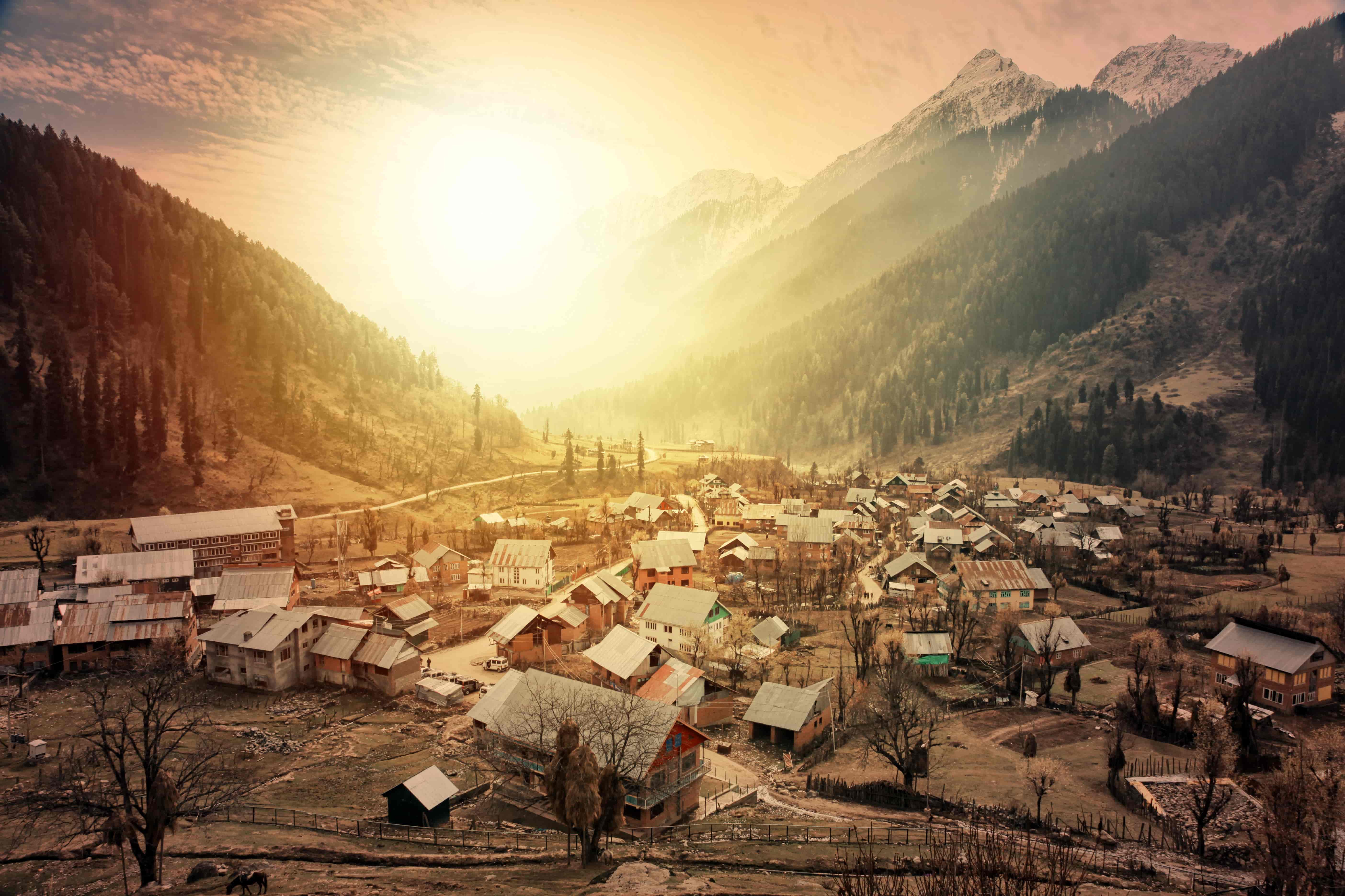 Morning view of a town at Aru Valley near Pahalgam